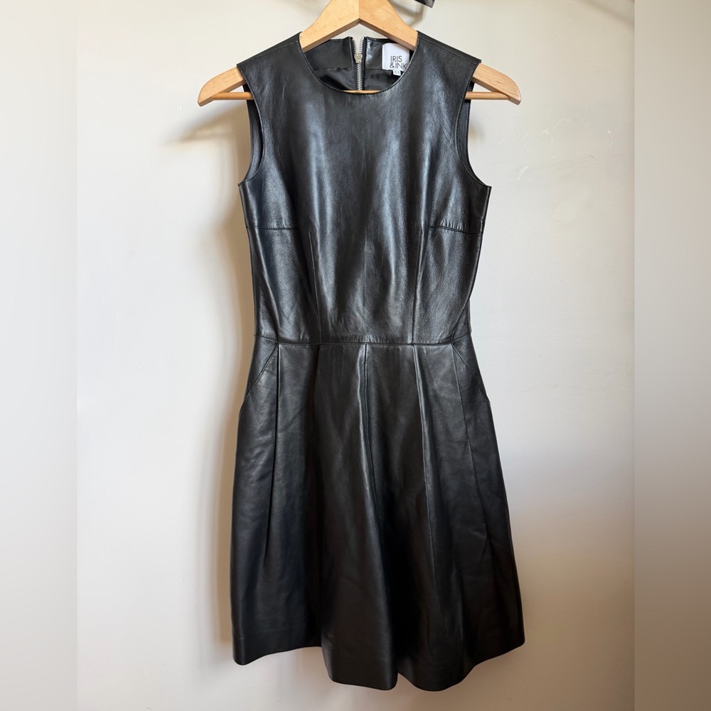 Sleeveless Black Genuine Lamb Leather Fit-and-Flare Mini Dress